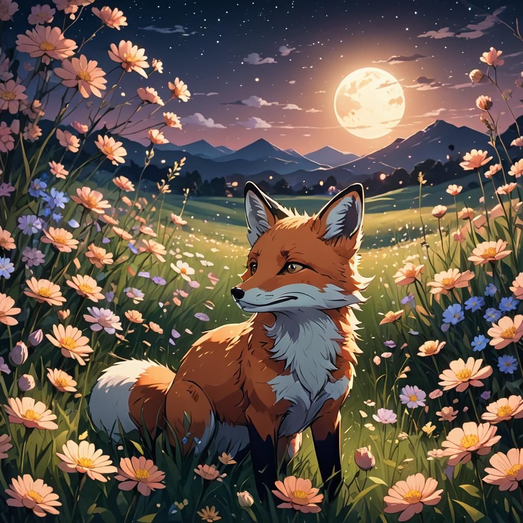 Fox in a Flower Field at Night in Anime Style
