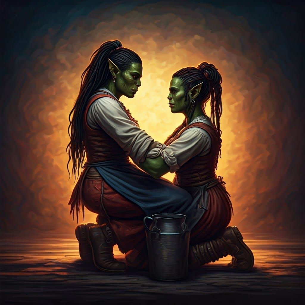 Orc Female Milking Cow in Rembrandt Style