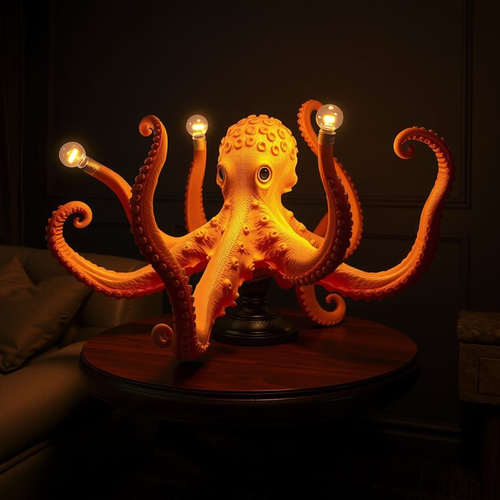 Octopus Lamp with Glowing Tentacles in Moody Living Room