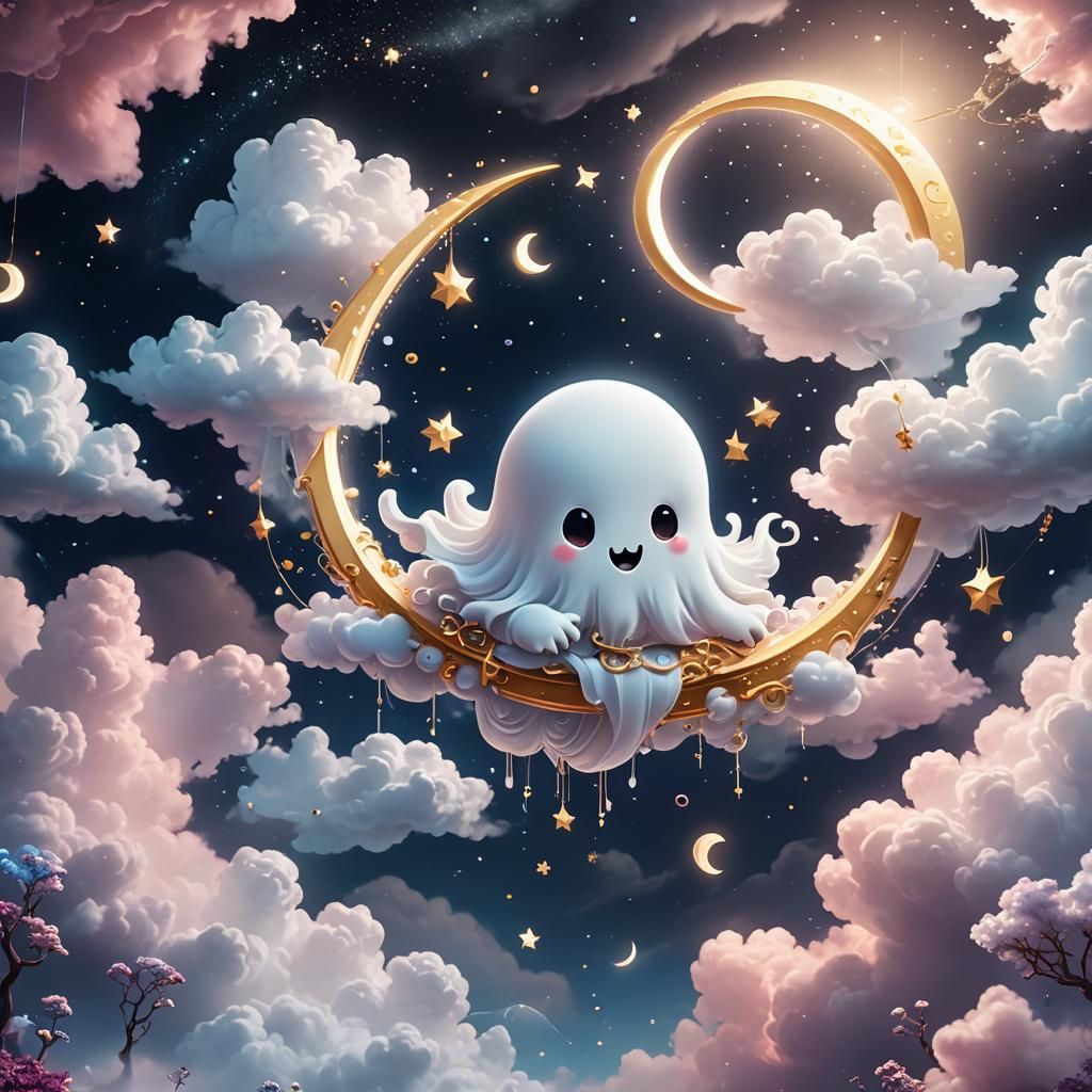 Kawaii Ghost in Mystical Cloud Area, Digital Art