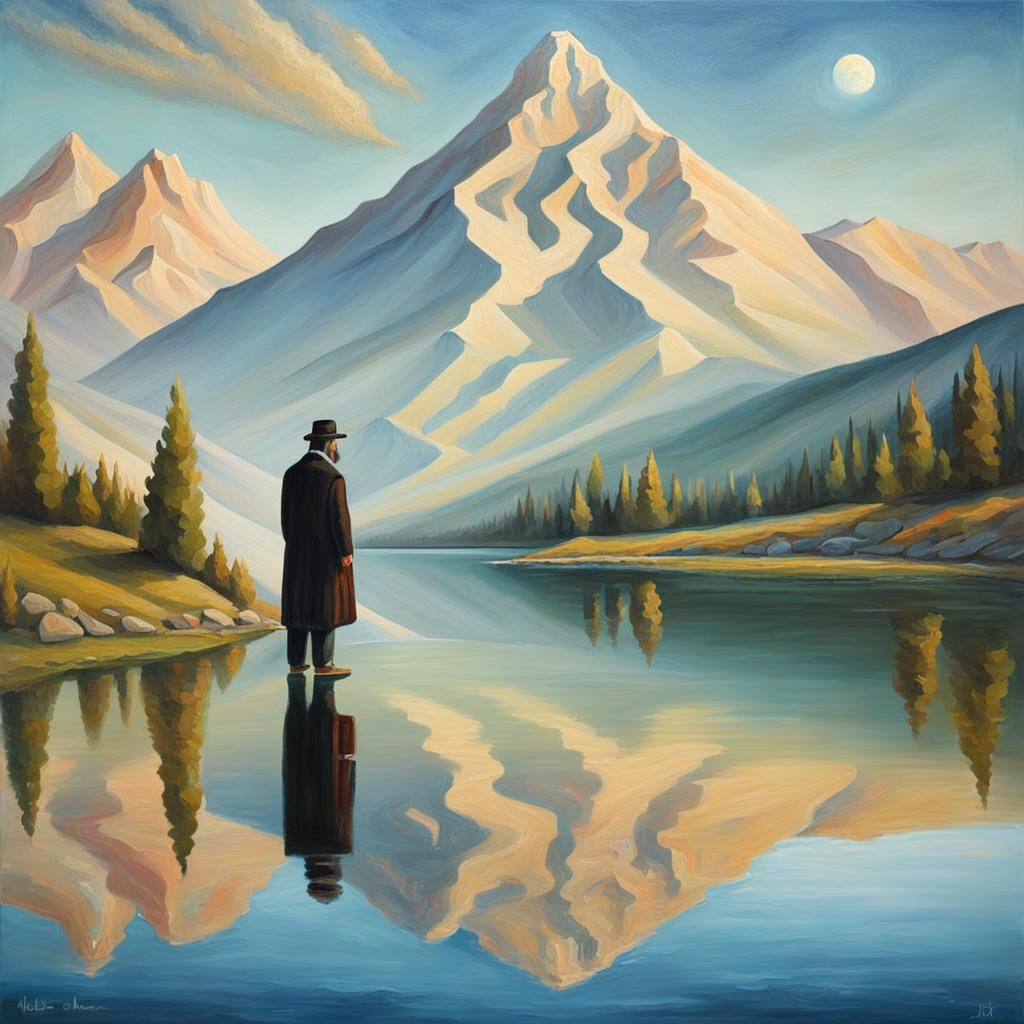 Surreal Reflection: Chasidic Jew and Youthful Apparition