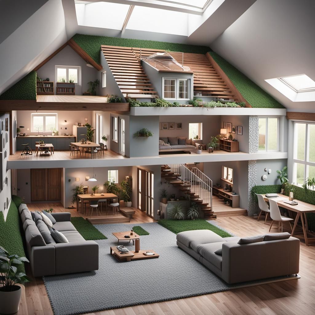 Cross section through a modern German house including cellar, all rooms are visible including furniture