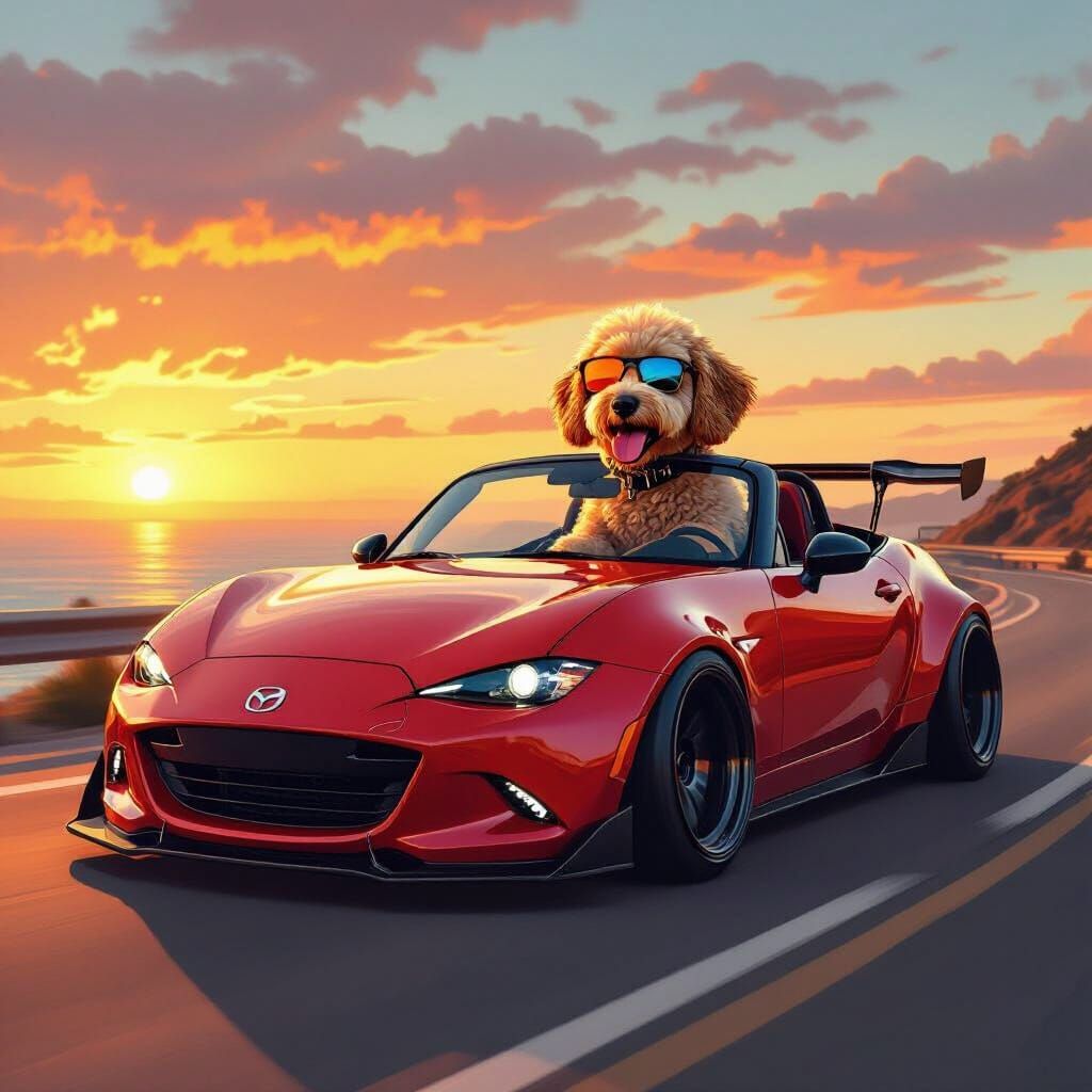 Goldendoodle Drives Modified Red Miata at Sunset