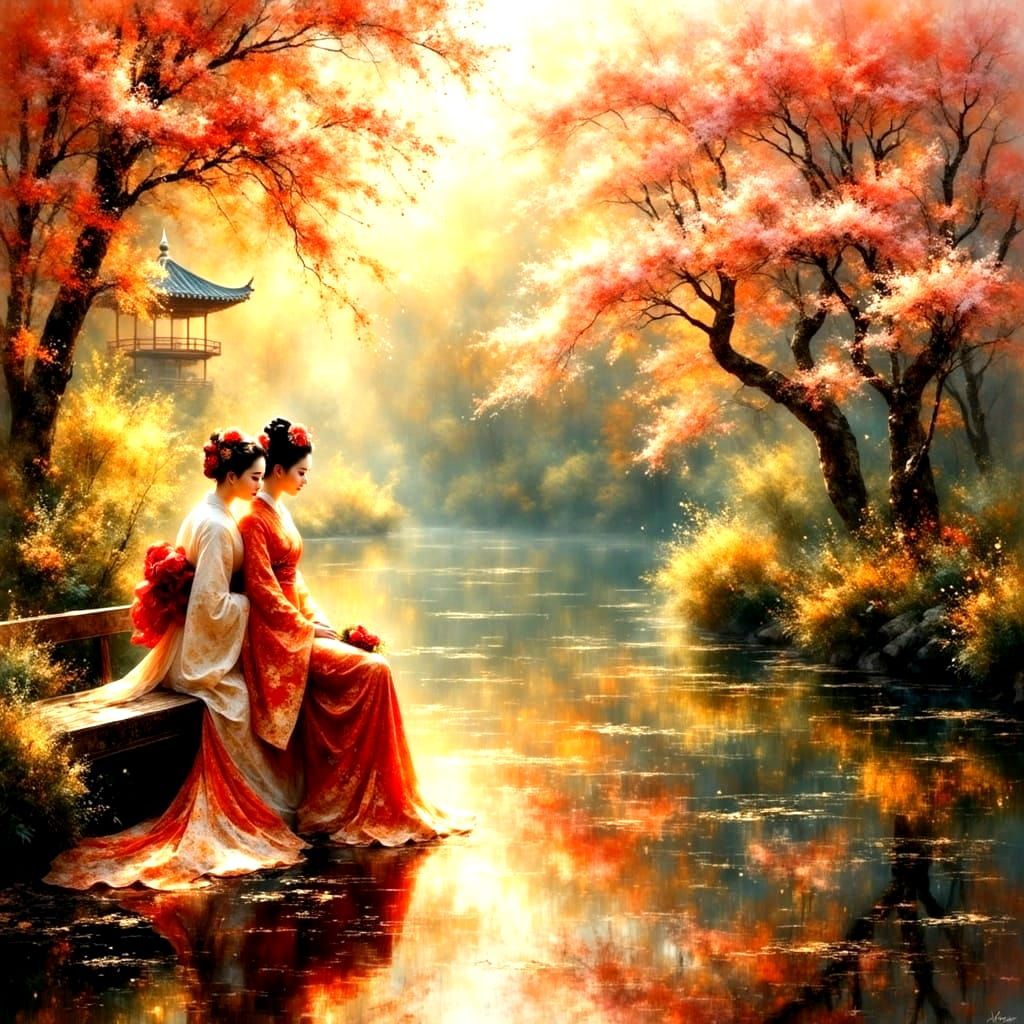 Ethereal Geisha Women in a Zen Japanese Garden