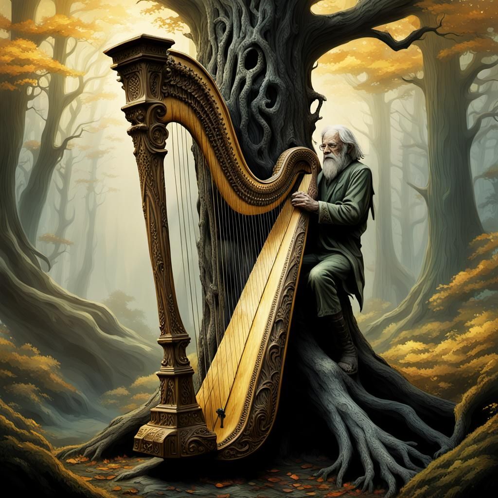 Eerie Forest Harp in Wrightson-esque Fantasy Art