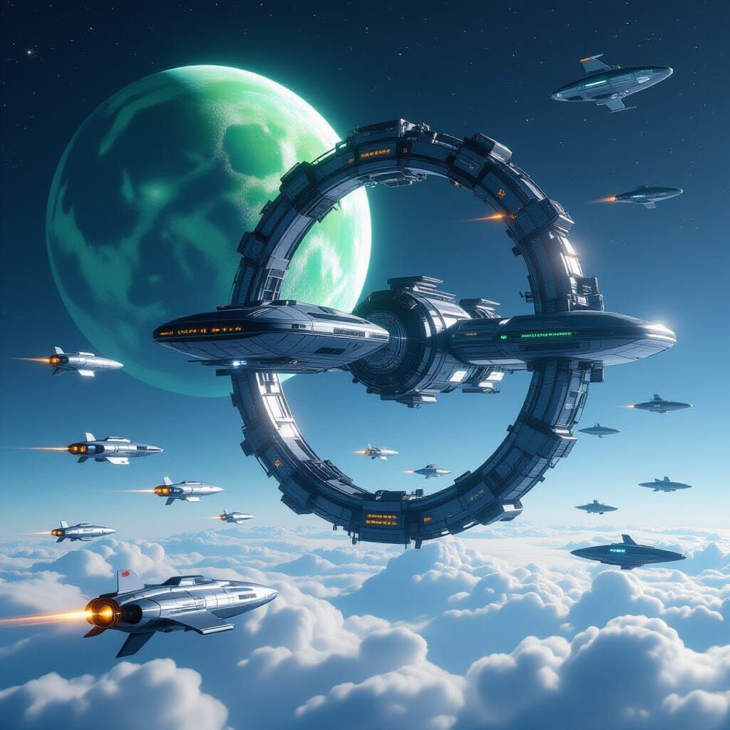 Massive Space Station Orbits Green Moon With Fleet