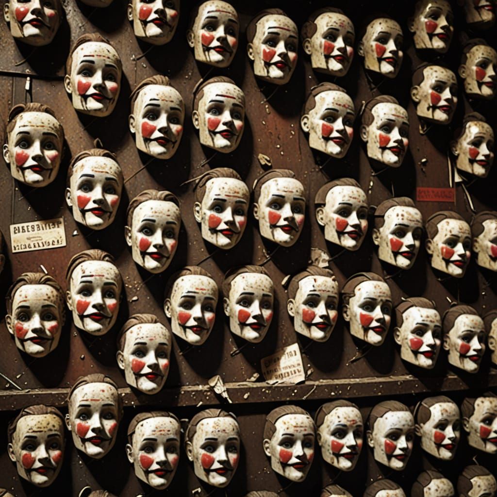 Creepy Circus Dolls' Heads Mounted on Abandoned Wall