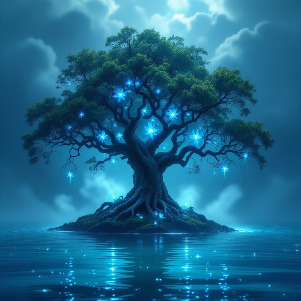 Majestic Ancient Tree on Island with Bioluminescent Flowers