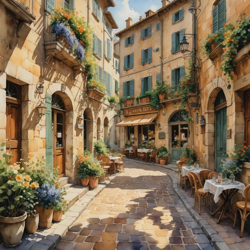 Charming Provence Street Scene in Watercolor