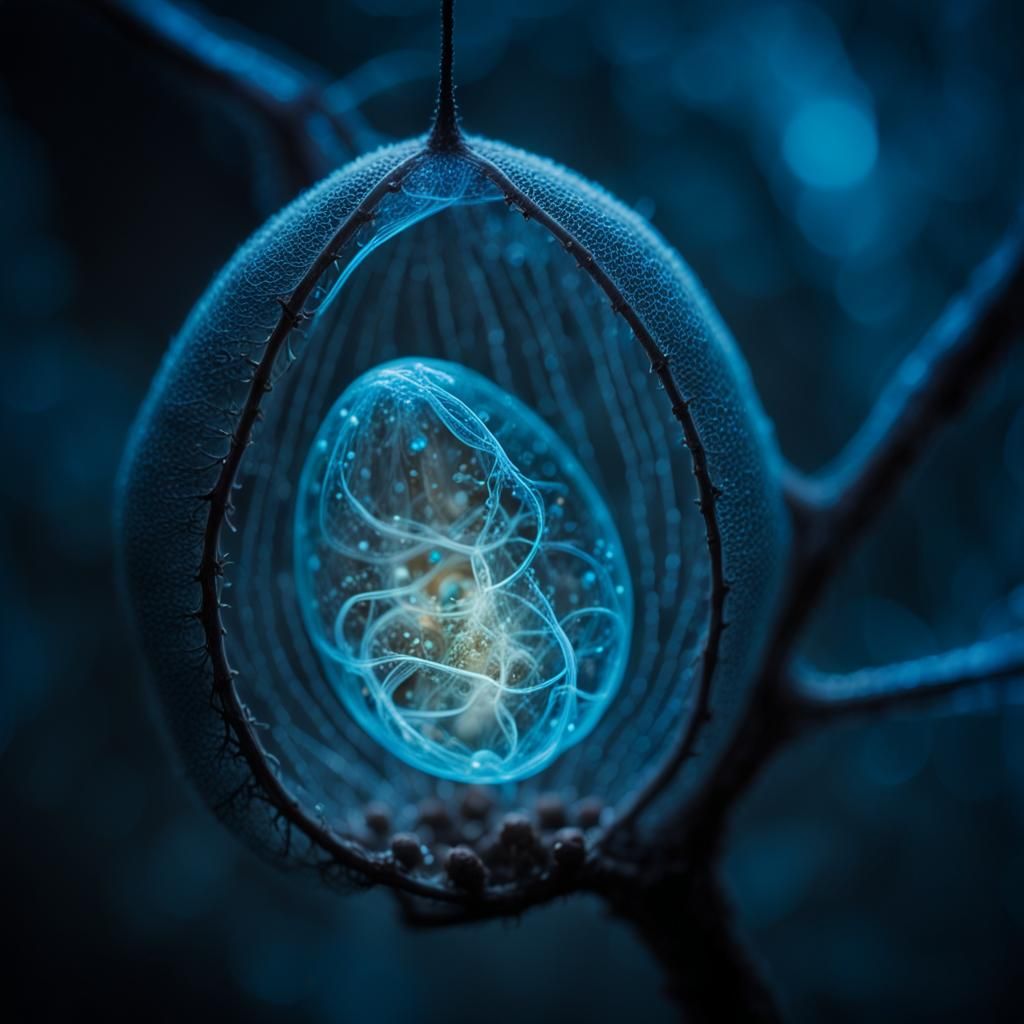 Bioluminescent Cocoon with Viral Spores in Misty Darkness