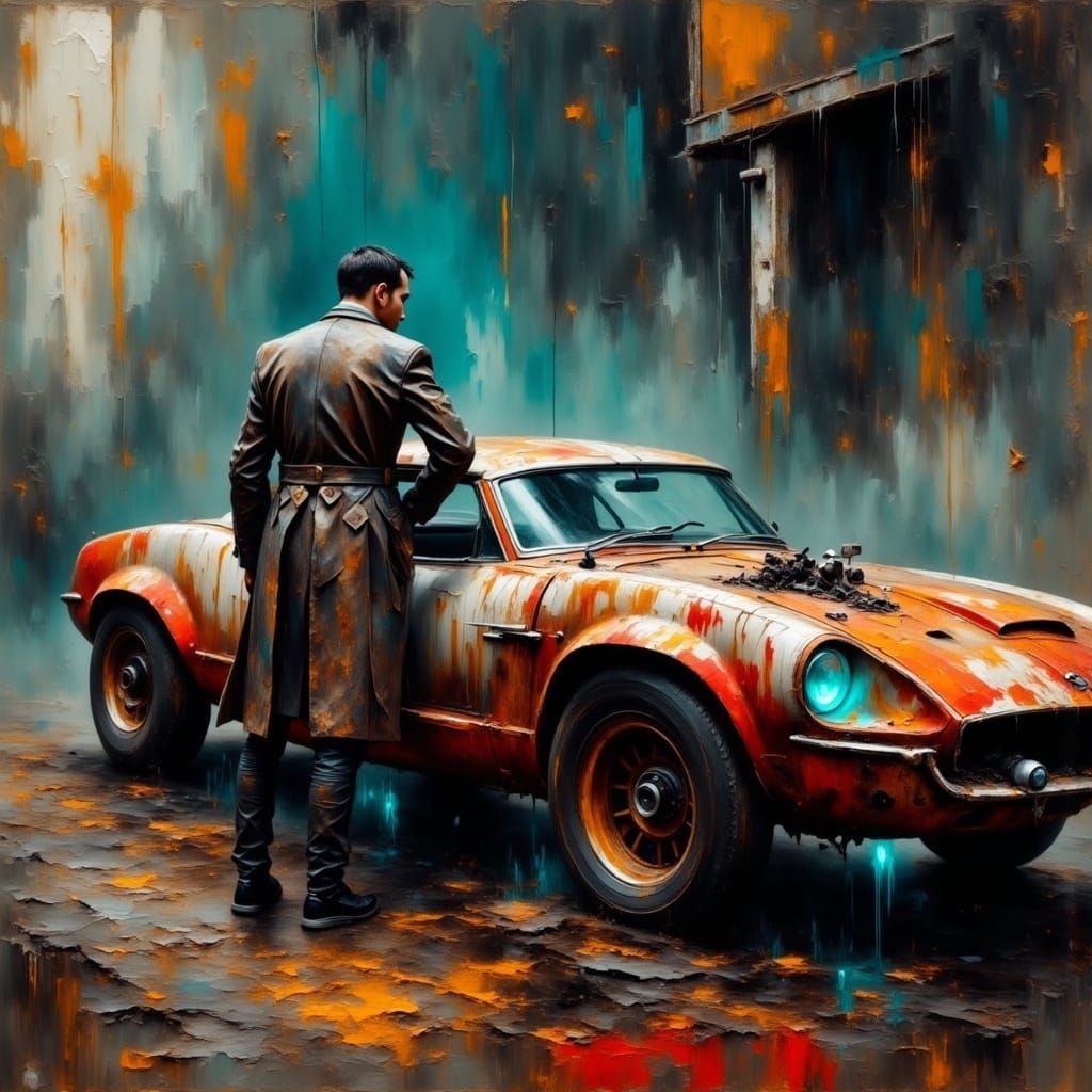 Gritty Cyberpunk Scene in a Futuristic, Decaying Car