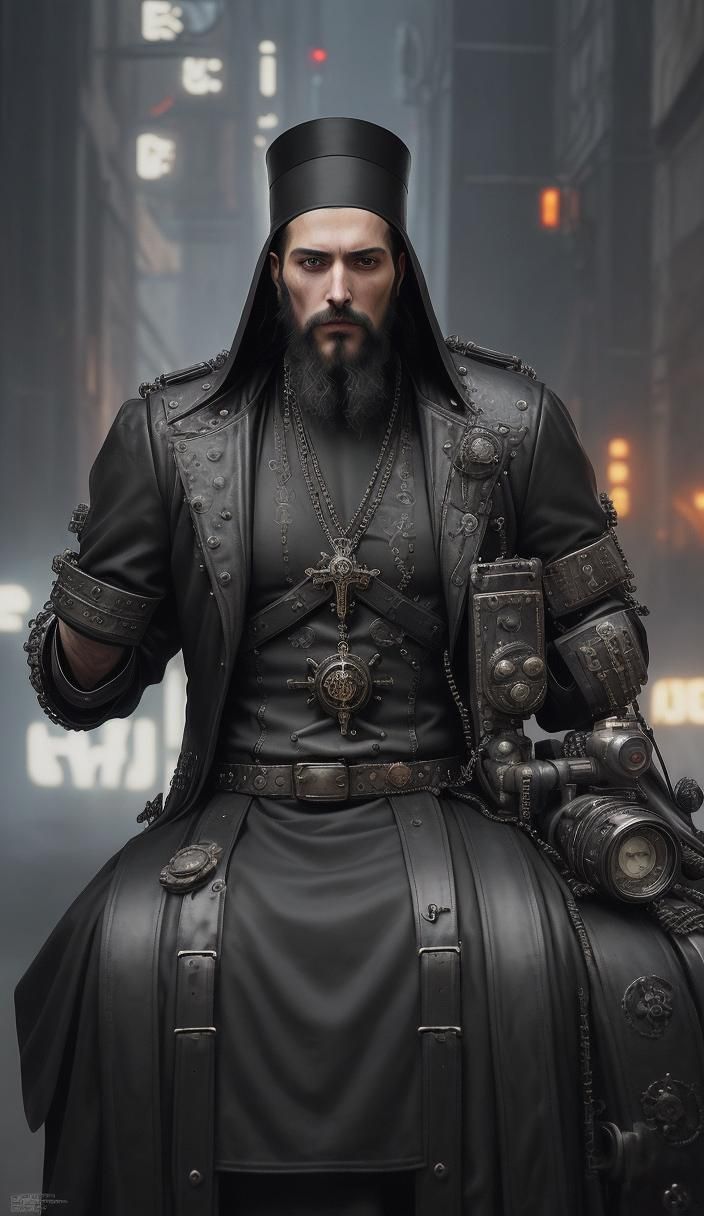 Orthodox Cyberpunk Monk on Steampunk Motorcycle