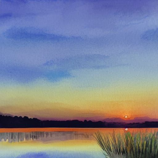 Watercolor Lake at Sunset in Golden Light