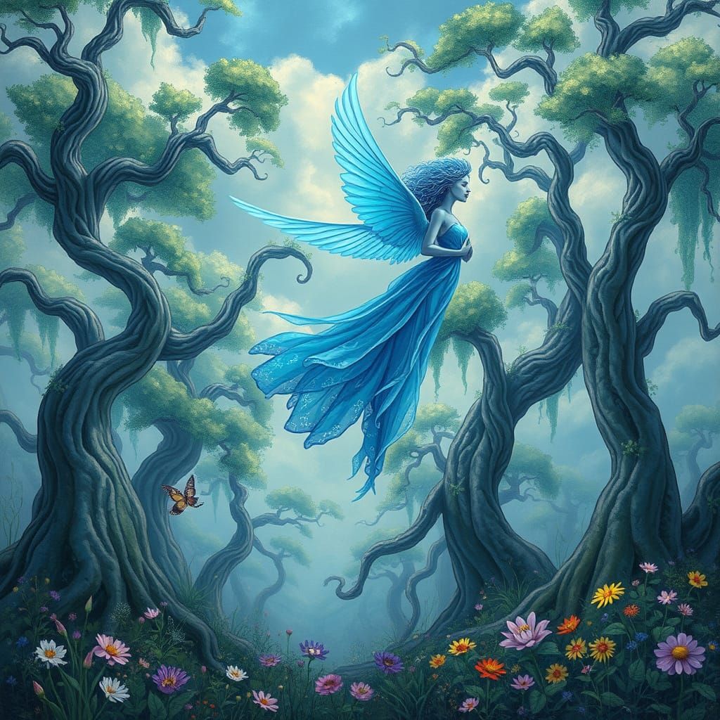 Whimsical Goddess Soars over Dreamy Forest Landscape