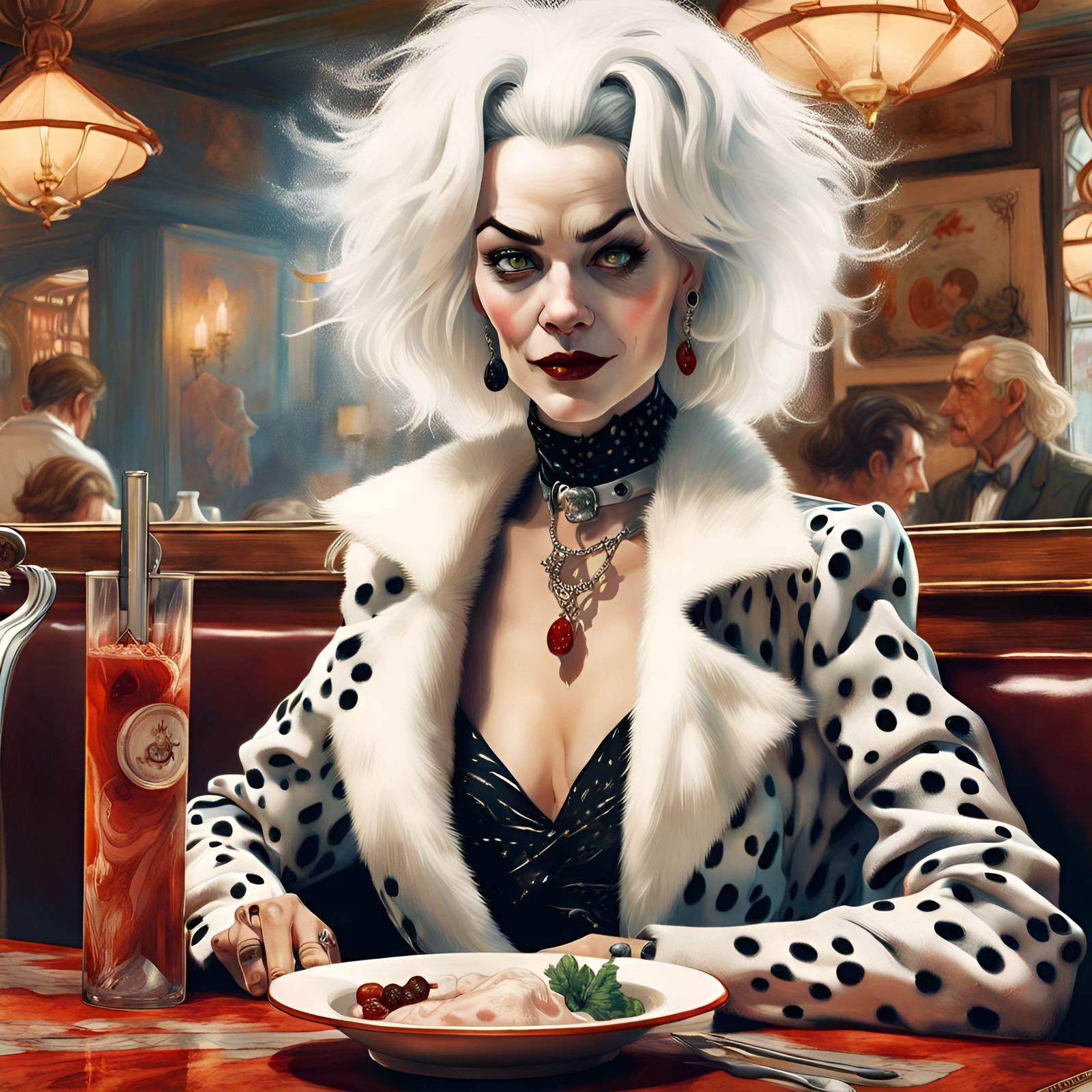 Cruella Deville Portrait in Restaurant, Digital Art