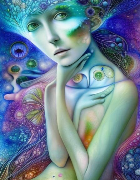 Fractal Tree Branches with Surreal Flower Woman