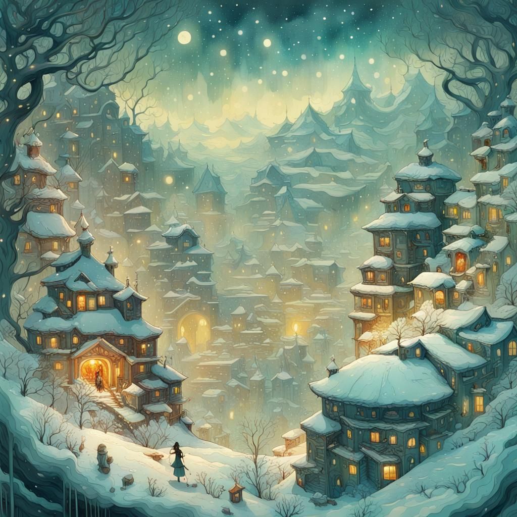 Ornate Magical Winterscape in Watercolor Style