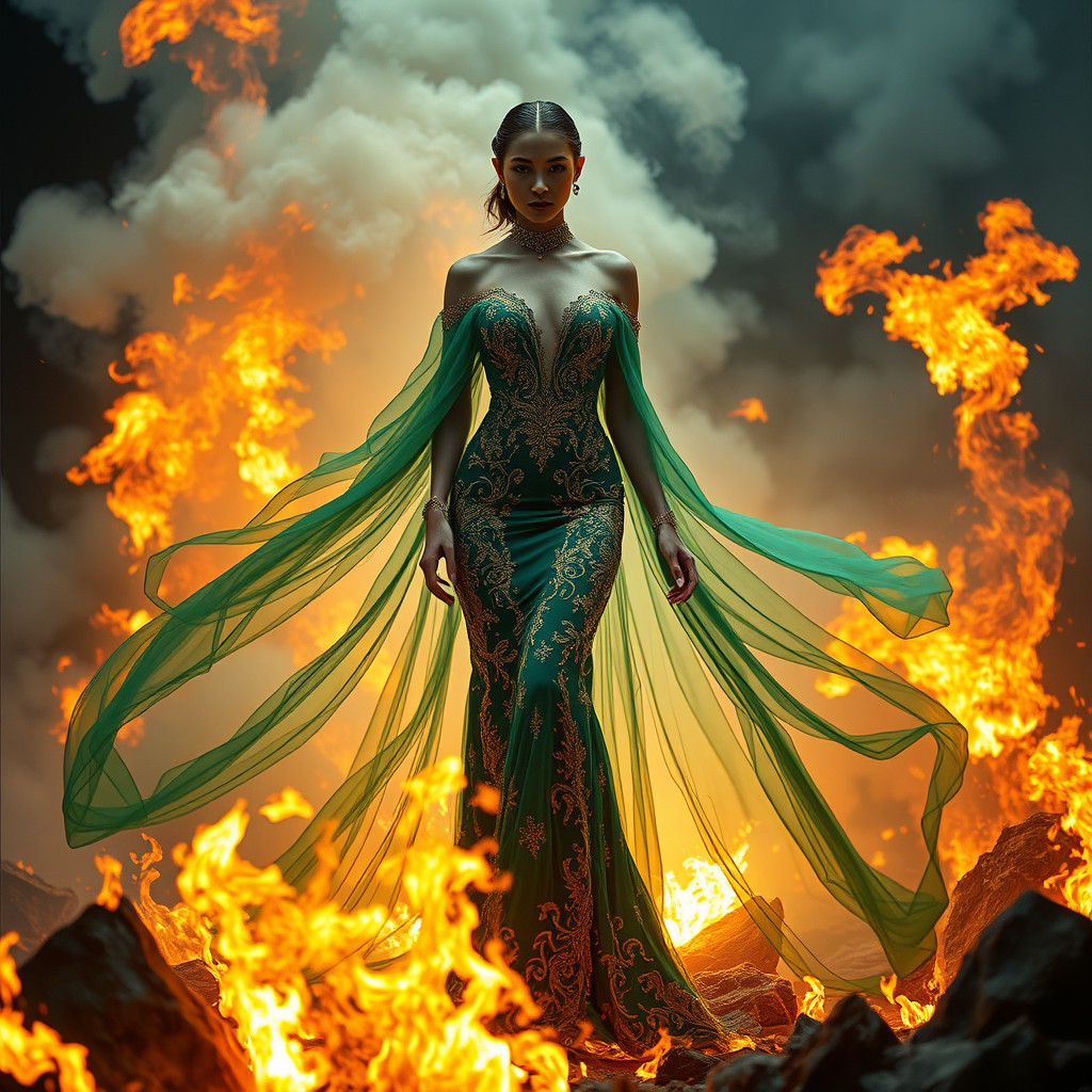 Woman in Haute Couture Fir Gown Amid Flames