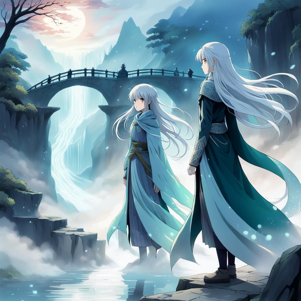 Ethereal Dawn: Ancient Bridge Encounters in Cinematic Anime...