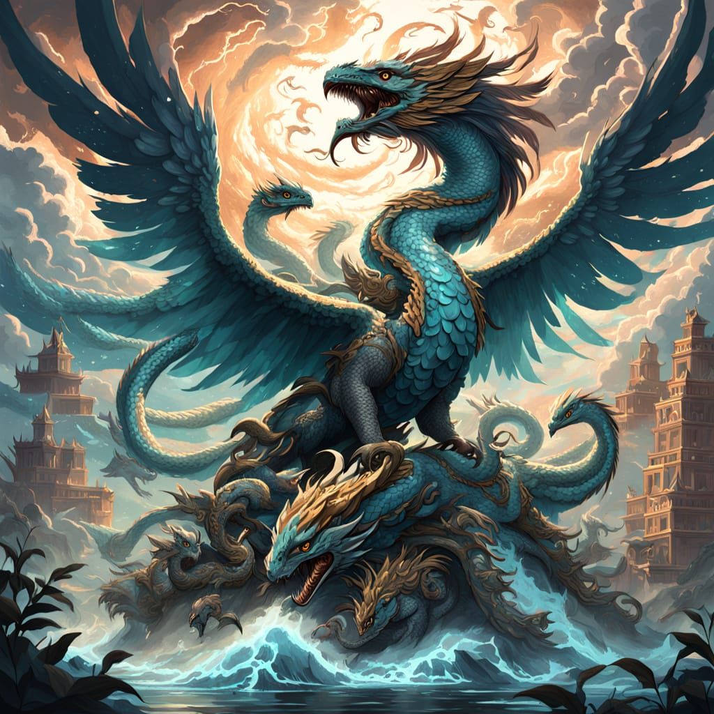 Feathered Sky Serpent Cradles Children in Storm