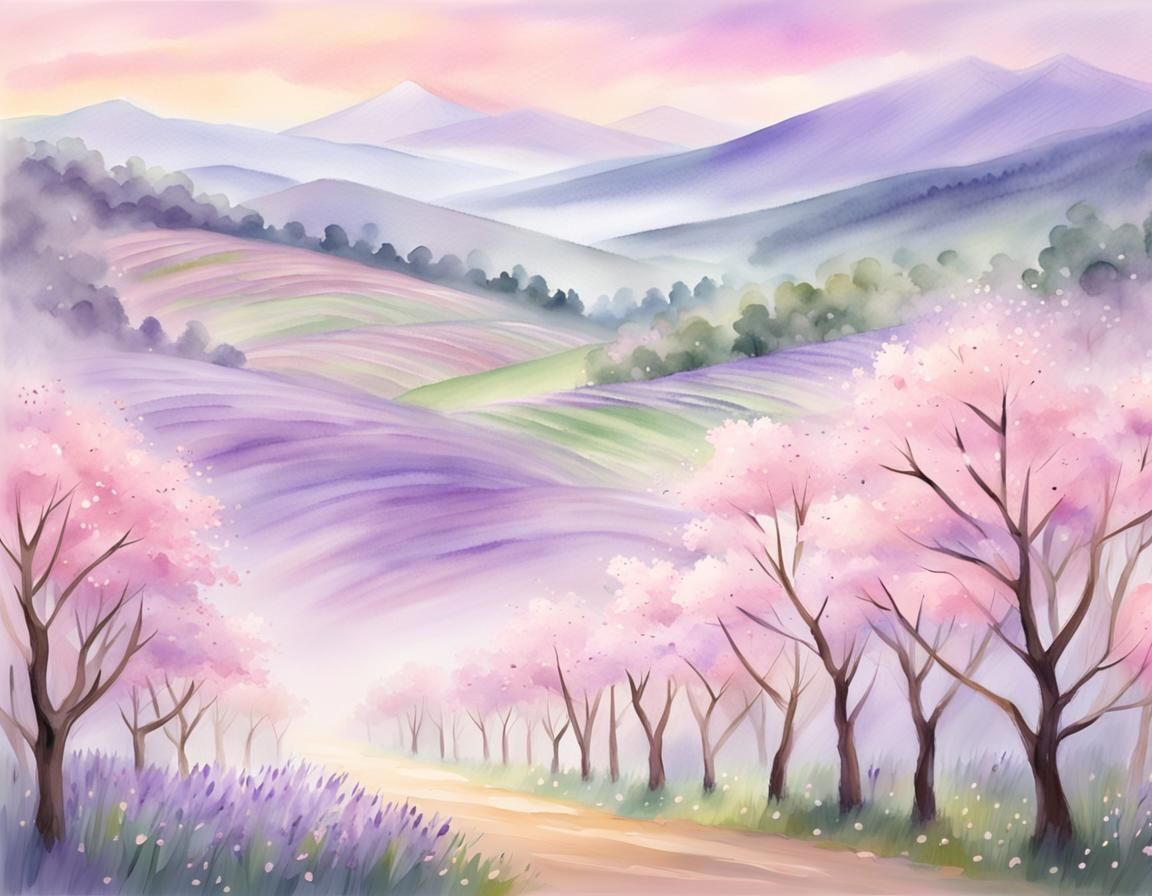 Dreamy Pastel Japanese Landscape in Watercolor Style
