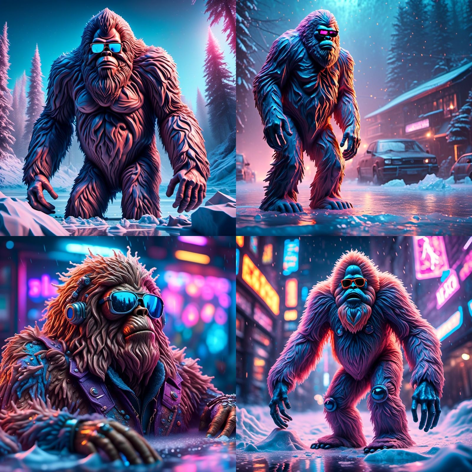 Hyperrealistic Sasquatch on Ice in Graffiti Art