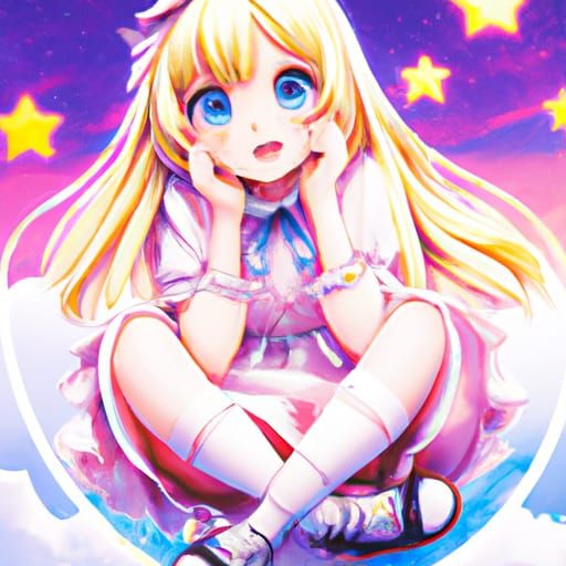 Cute Anime Girl on Cloud in Ghibli Style