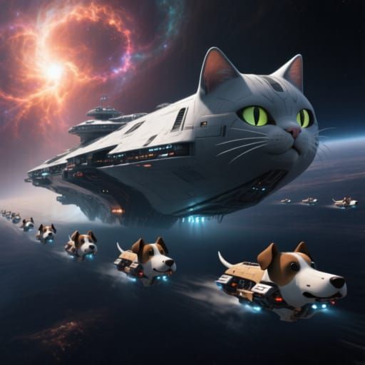 Cat Spaceship Leads Dog Fleet Through Nebula