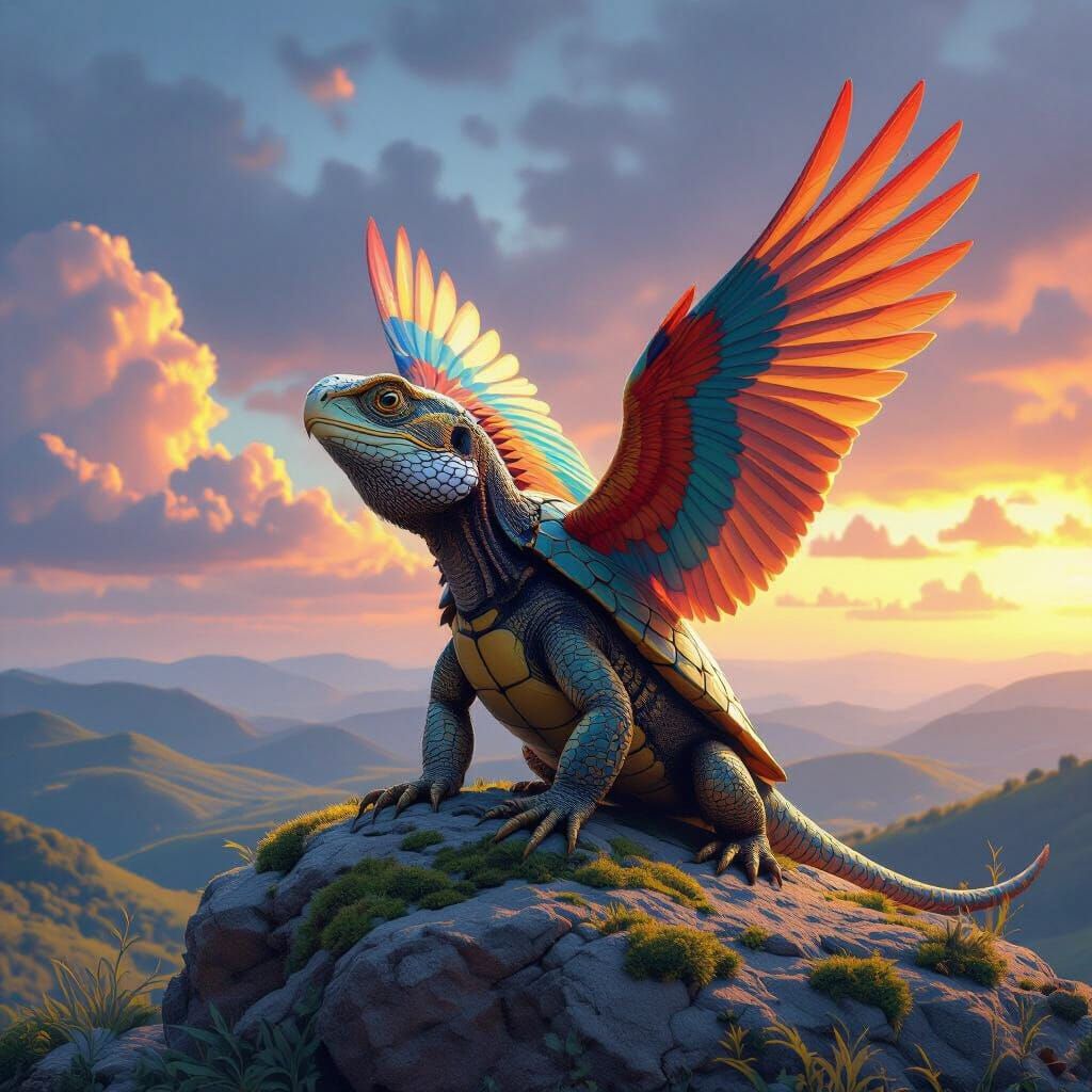 Fantasy Creature: Turtle Lizard with Parrot Wings on Rock