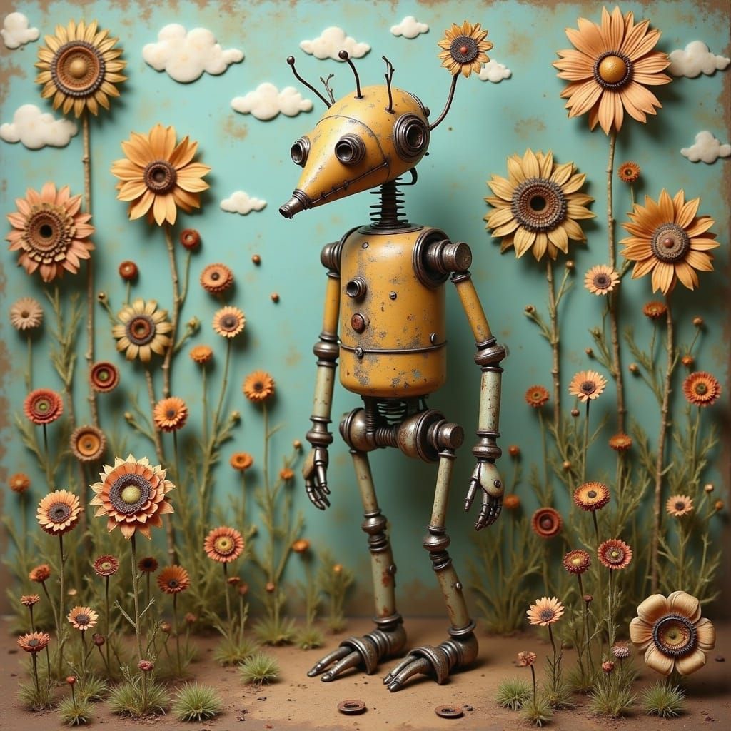 Whimsical Robot in Folk-Art Aesthetic with Rusted Metal Flow...