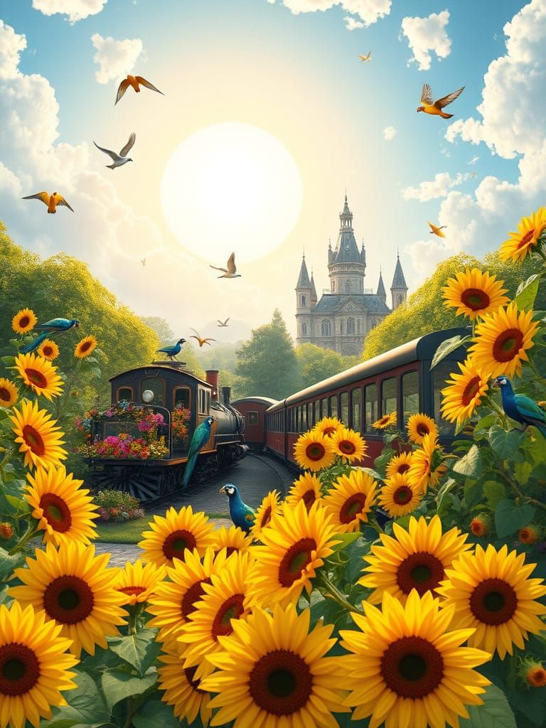 Sunflowers in Whimsical Park Landscape with Vintage Train
