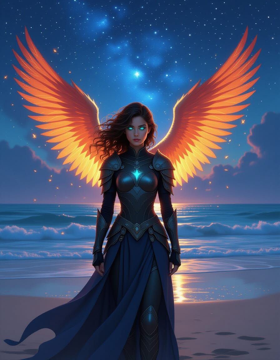 Ethereal Girl with Phoenix Wings on Starlit Beach