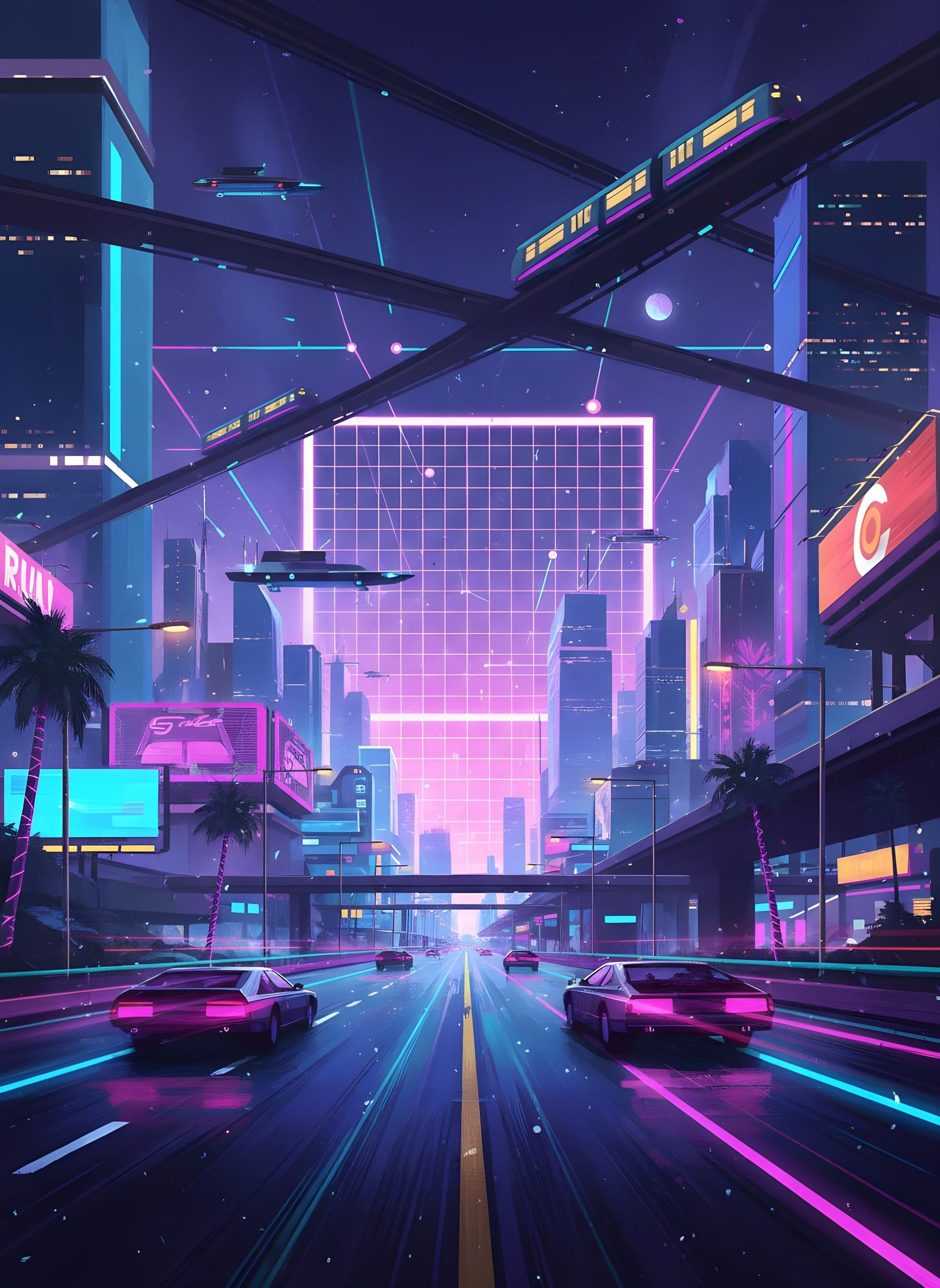 Neon 80s Highway with Grid Horizon