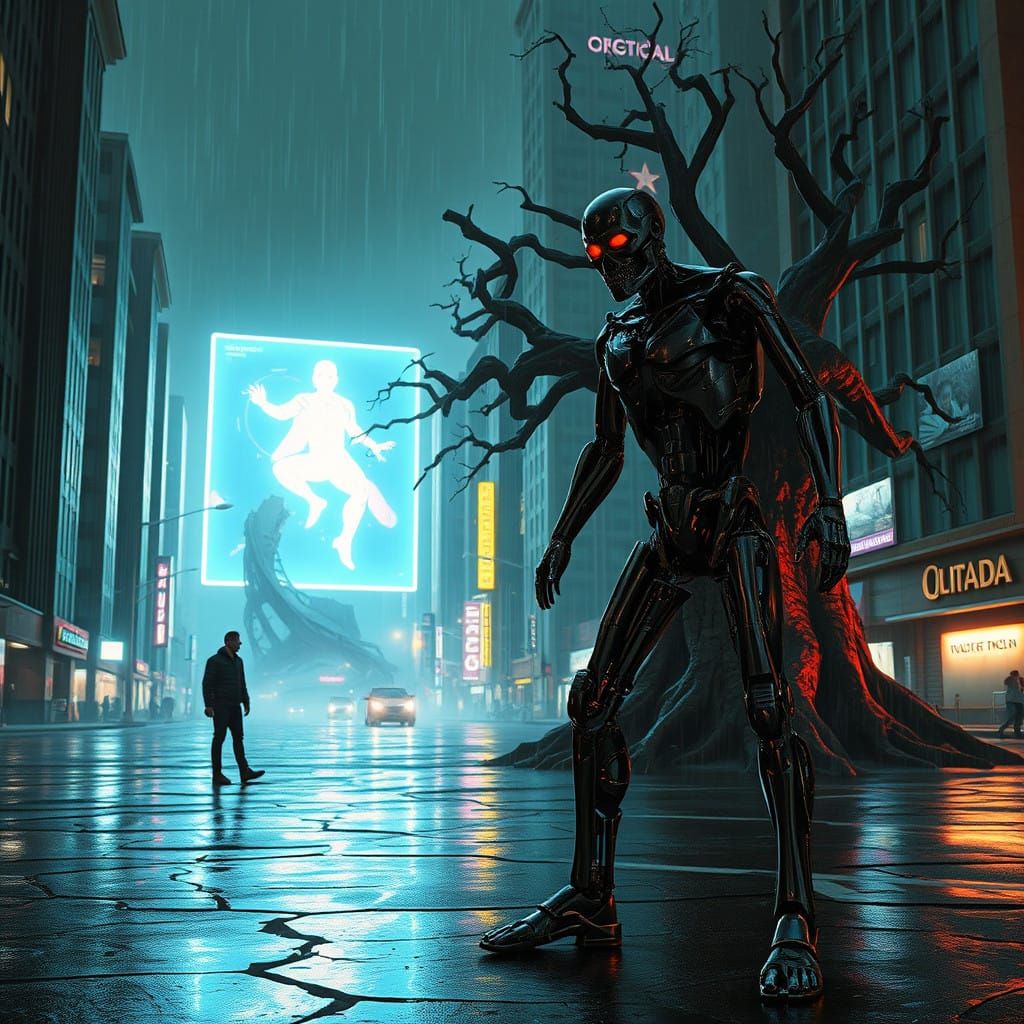 Cyberpunk Terminator in Neon Cityscape