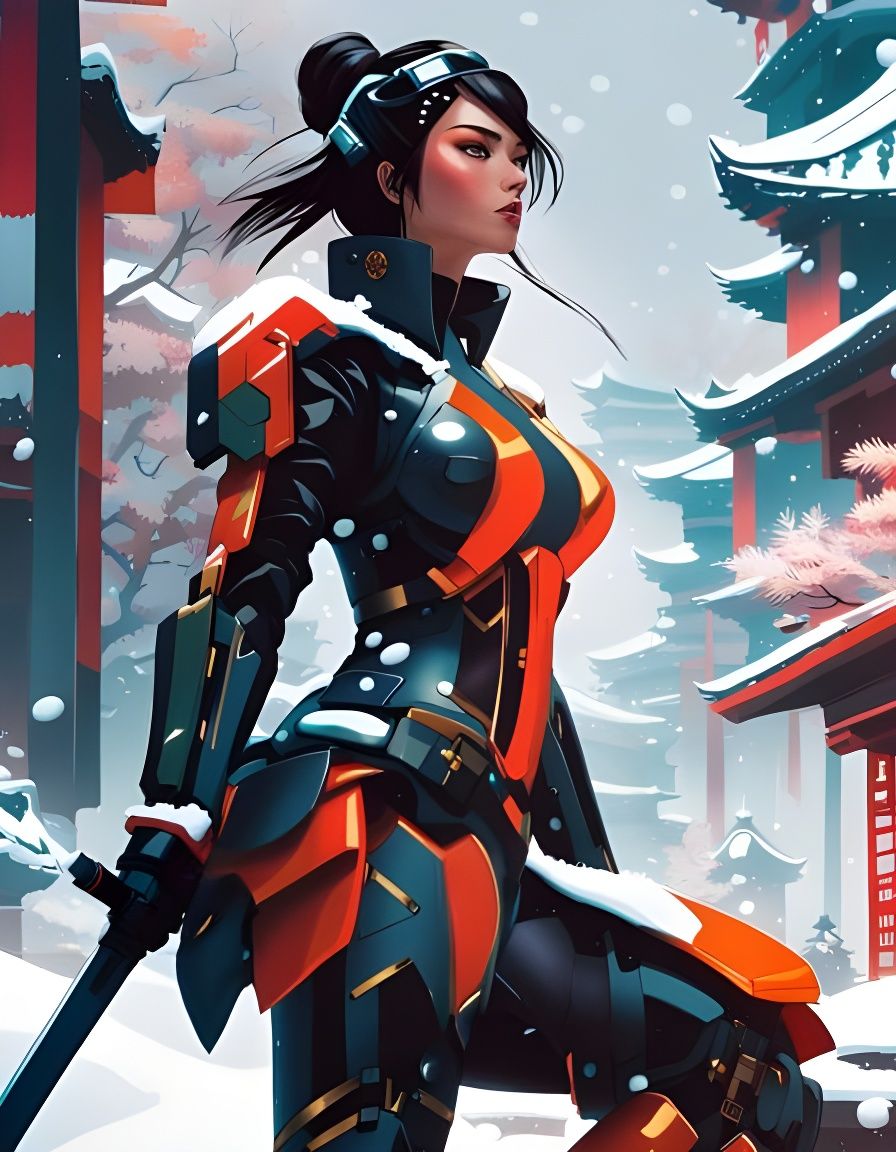 Cyber Samurai Woman in Inkpunk Snowy Shrine