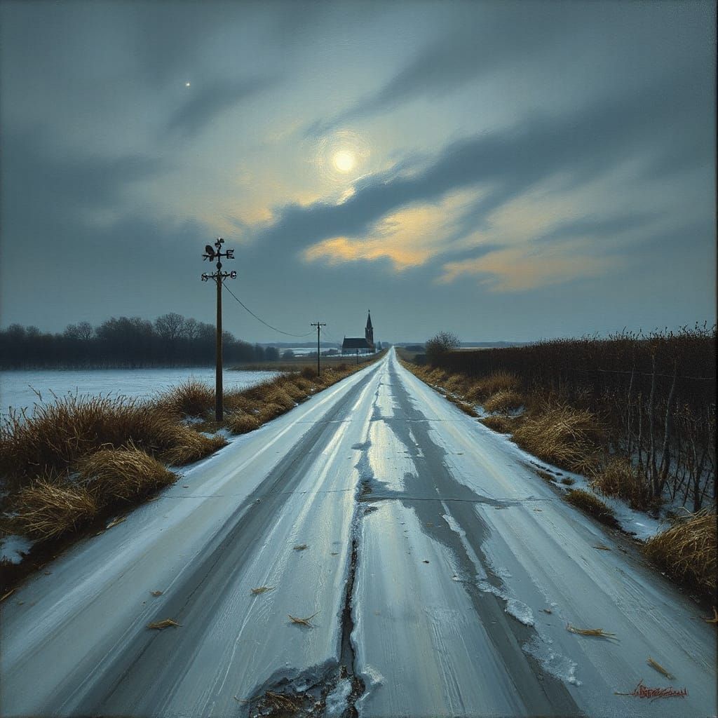 Windswept Twilight Road with Rising Moon and Star