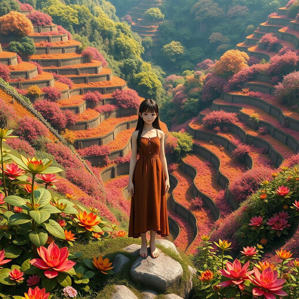 Magical Terraces: Woman Amidst Sentient Plants in Anime Styl...