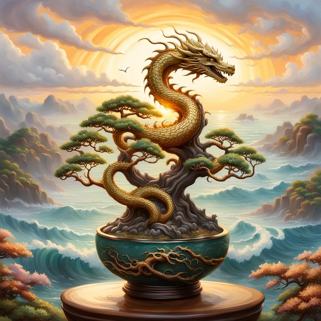 Dragon Bonsai Tree Overlooking Ocean, in Kinkade Style