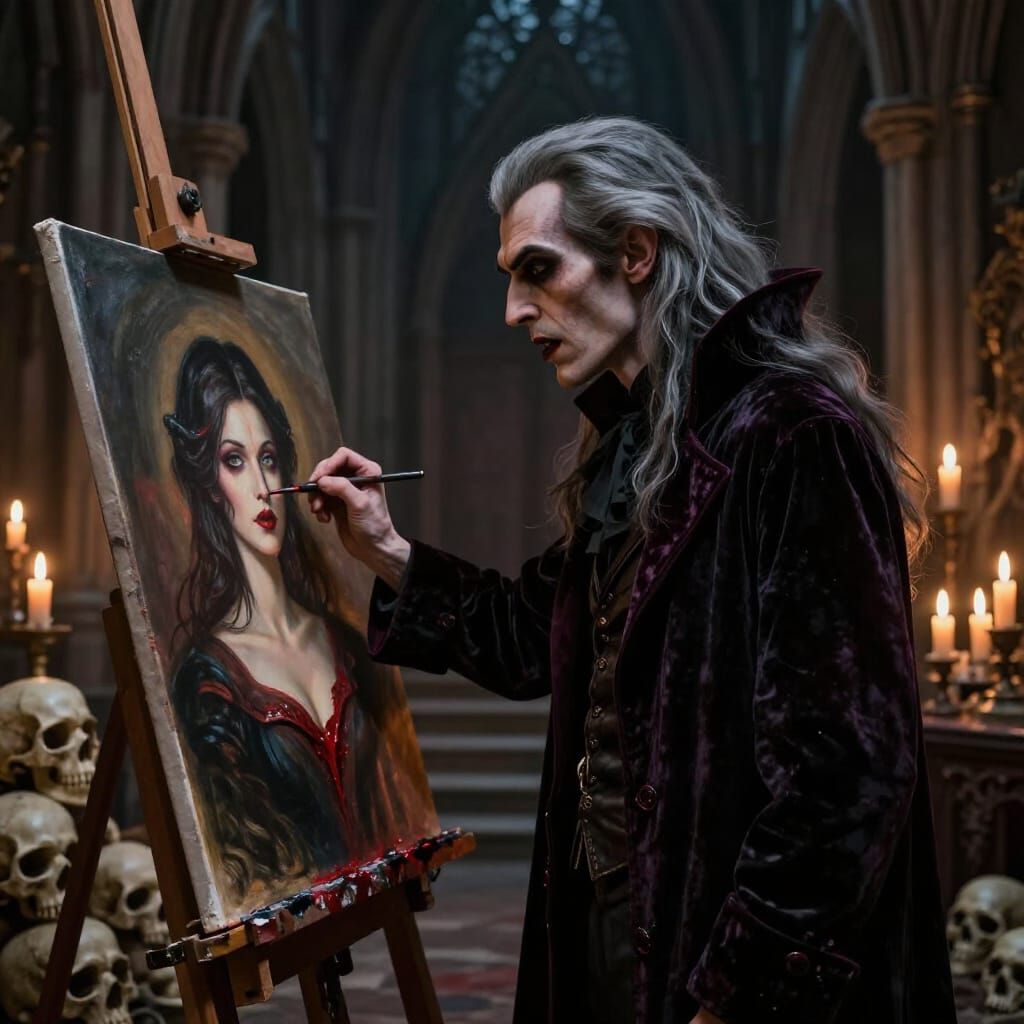Vampire Paints Portrait in Gothic Cathedral