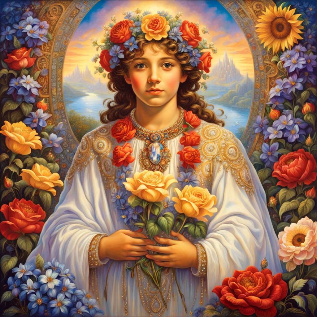 Hyperrealistic Painting: Holy Boy in Fantasy Garden