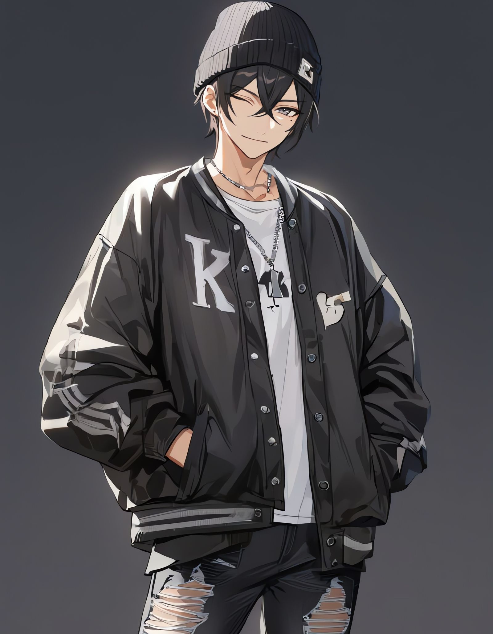 Anime Boy in Letterman Jacket with Silver Necklace