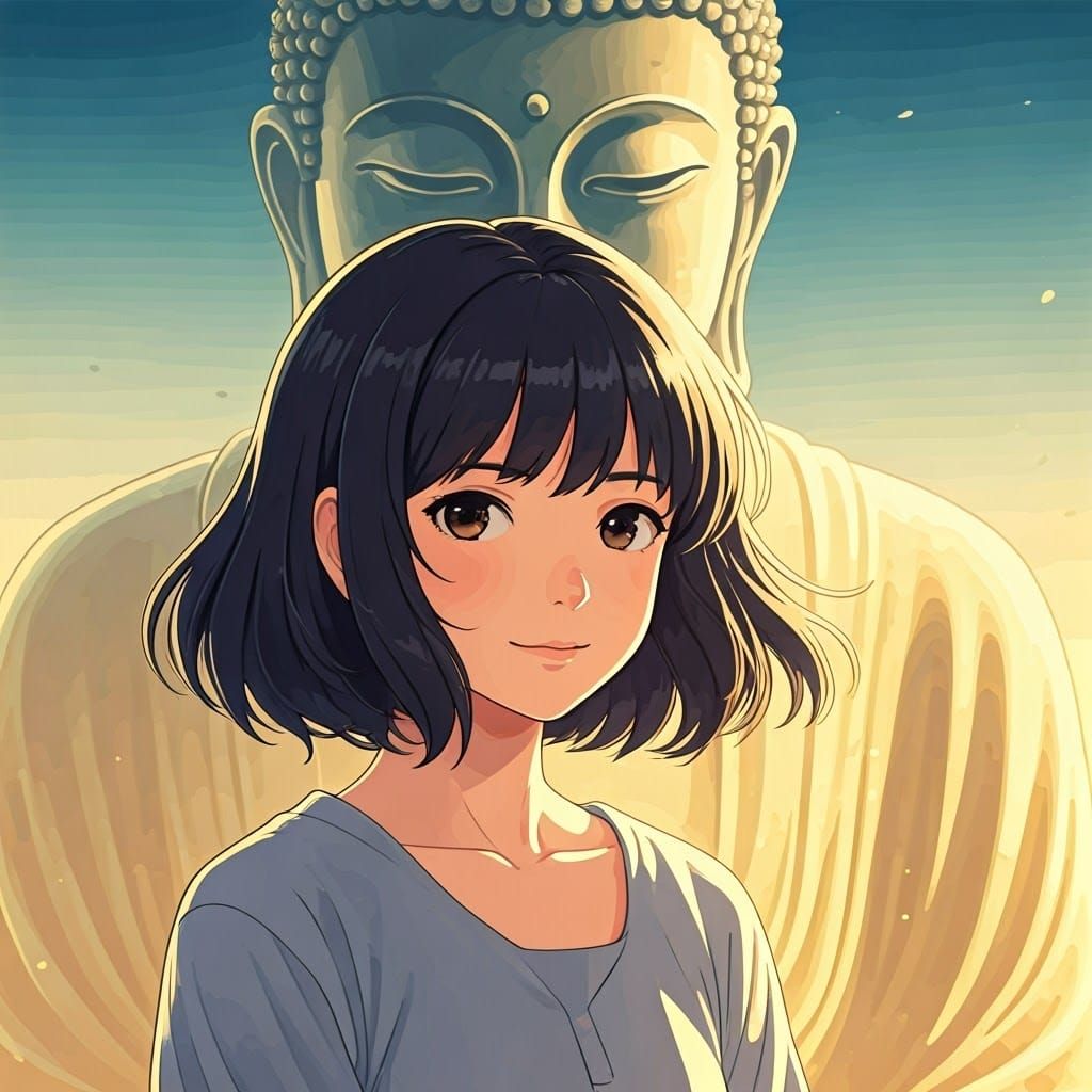 Contemplative Anime Woman Before Buddha Statue