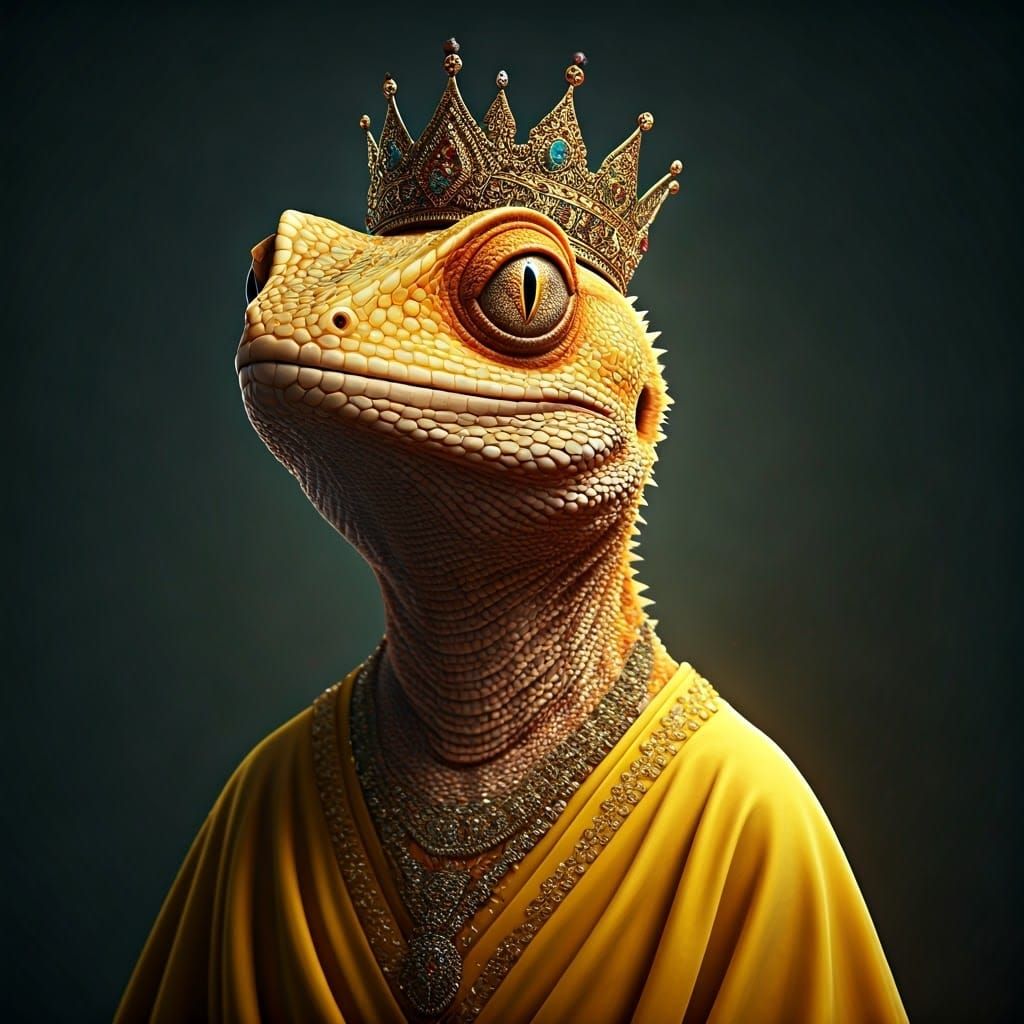 Regal Lizard in Yellow Gown with Crown: 3D Render