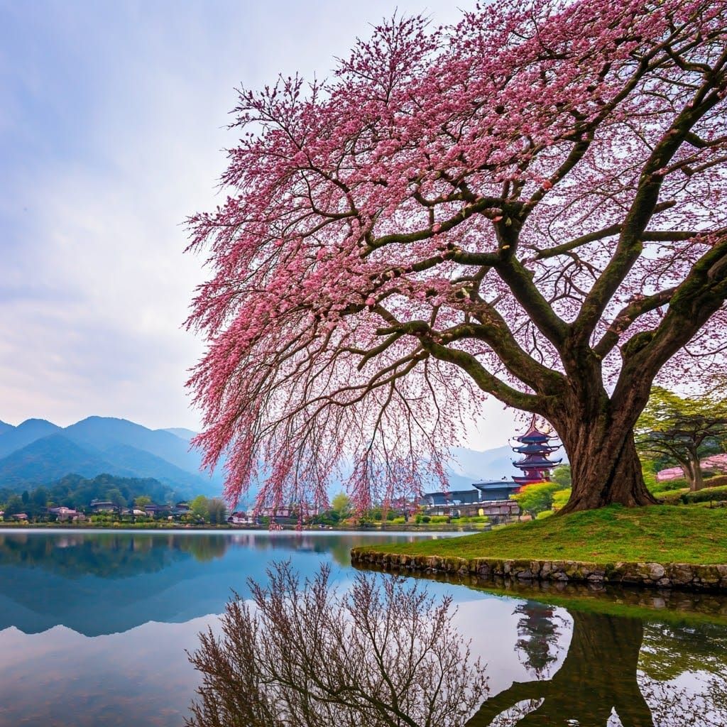 Majestic Sakura Tree at Lake in Photorealistic Landscape