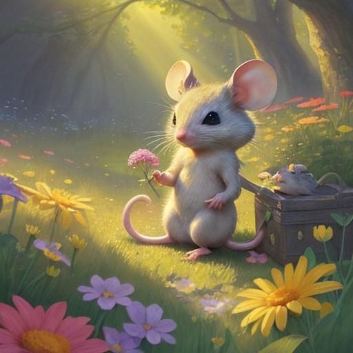 Mice Picking Flowers in Summer Sunlight