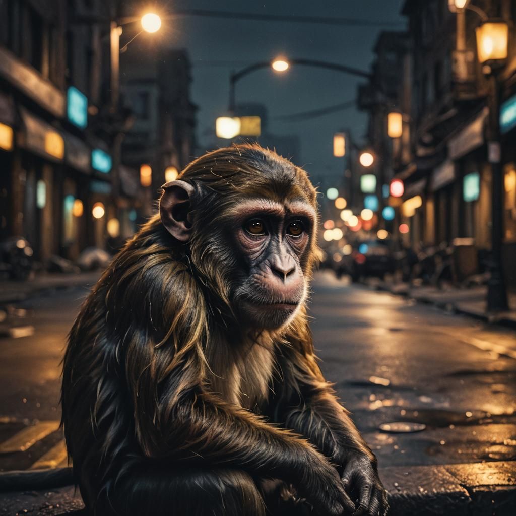 Melancholic Monkey Portrait in Abandoned City