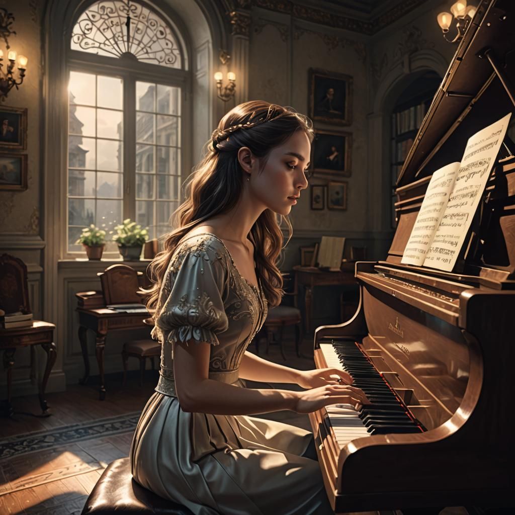 Beautiful Girl Practicing Piano: Detailed Matte Painting