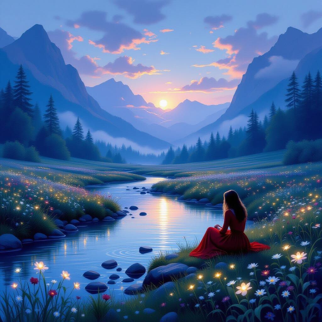 Ethereal Twilight Meadow with Glowing Flowers