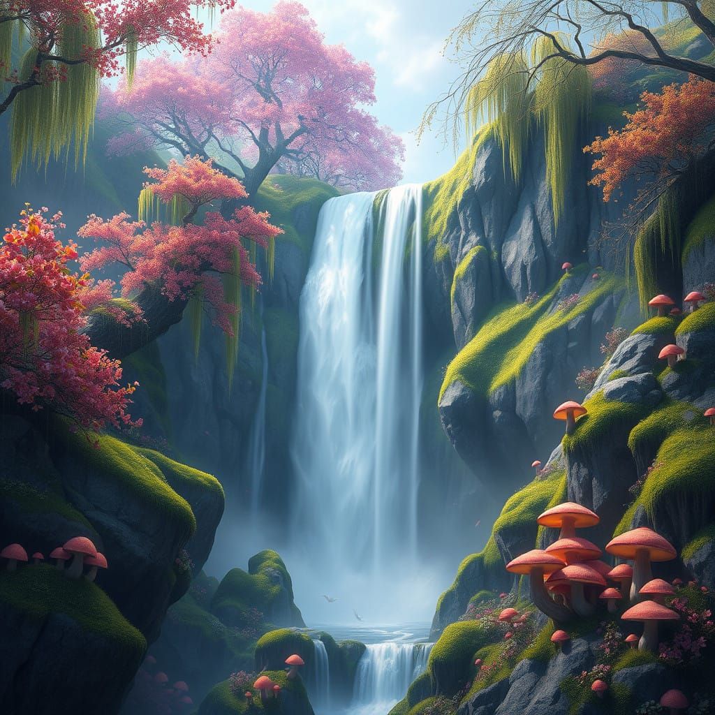 Enchanted Waterfall in Vibrant Blooming Forest