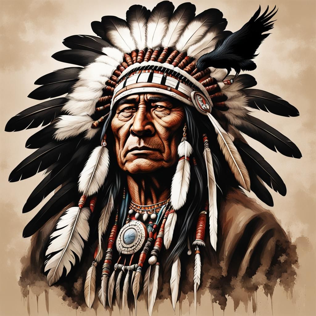 Realistic American Indian Chief with Wolf and Crow